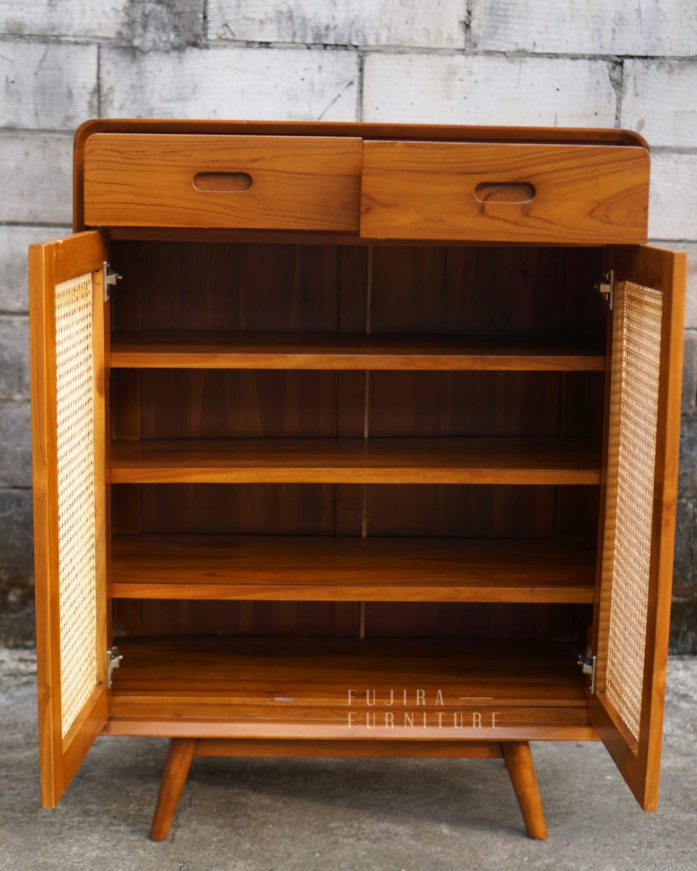 Almari Rotan Minimalis Retro – Kayu Jati Solid dengan 2 Laci, Estetik dan Fungsional - Image 9
