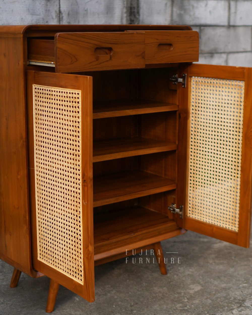 Almari Rotan Minimalis Retro – Kayu Jati Solid dengan 2 Laci, Estetik dan Fungsional - Image 10