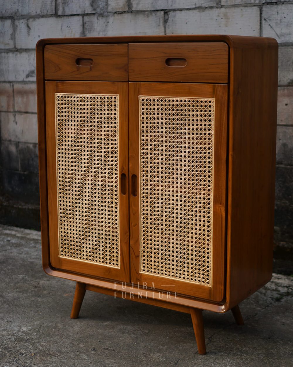 Almari Rotan Minimalis Retro – Kayu Jati Solid dengan 2 Laci, Estetik dan Fungsional - Image 4