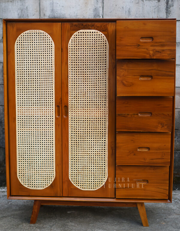 Lemari Pakaian Rotan Kayu Jati Cabinet Rotan Minimalis Retro – Bufet Kayu Jati Solid Dengan Sentuhan Anyaman Rotan