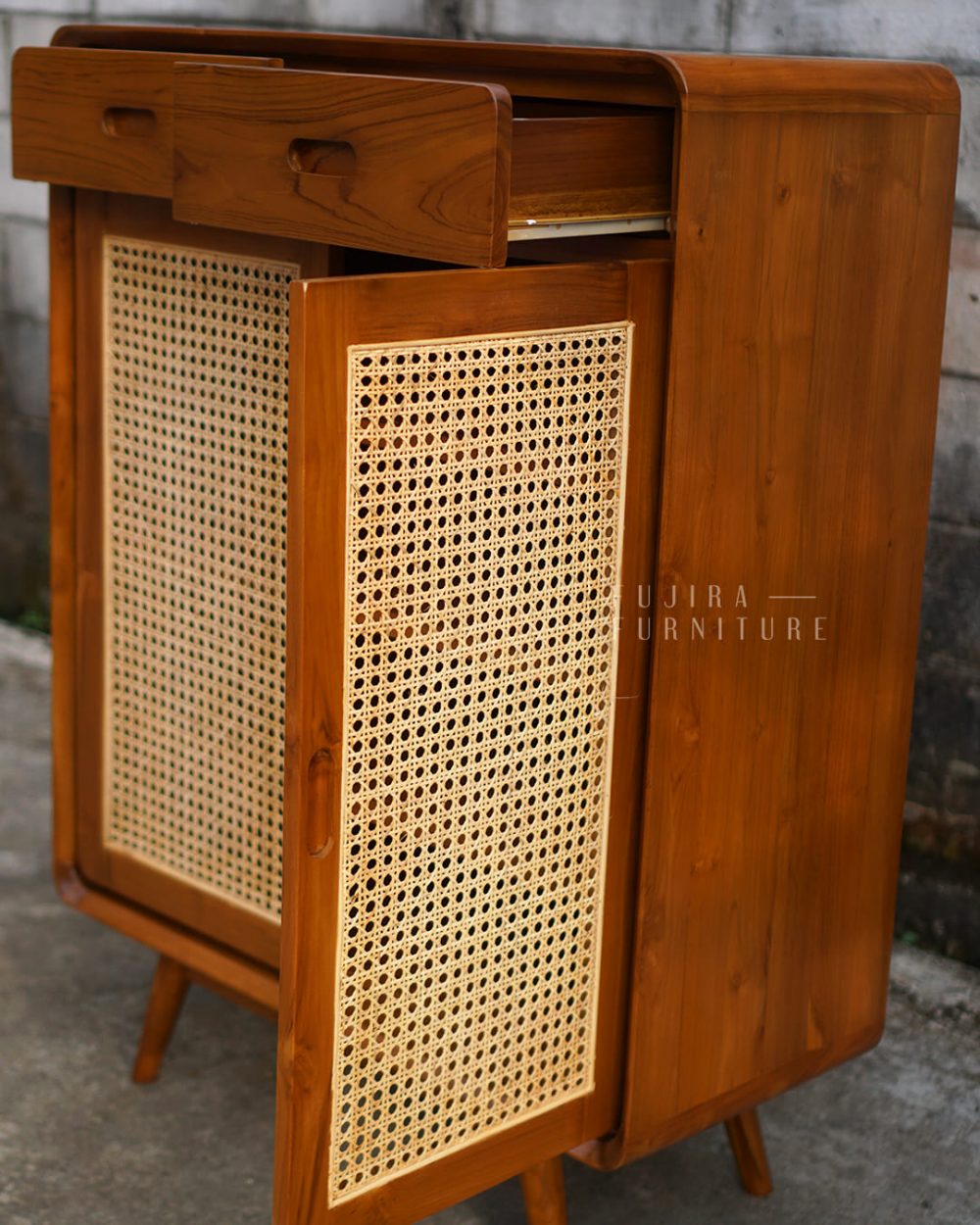 Almari Rotan Minimalis Retro – Kayu Jati Solid dengan 2 Laci, Estetik dan Fungsional - Image 7