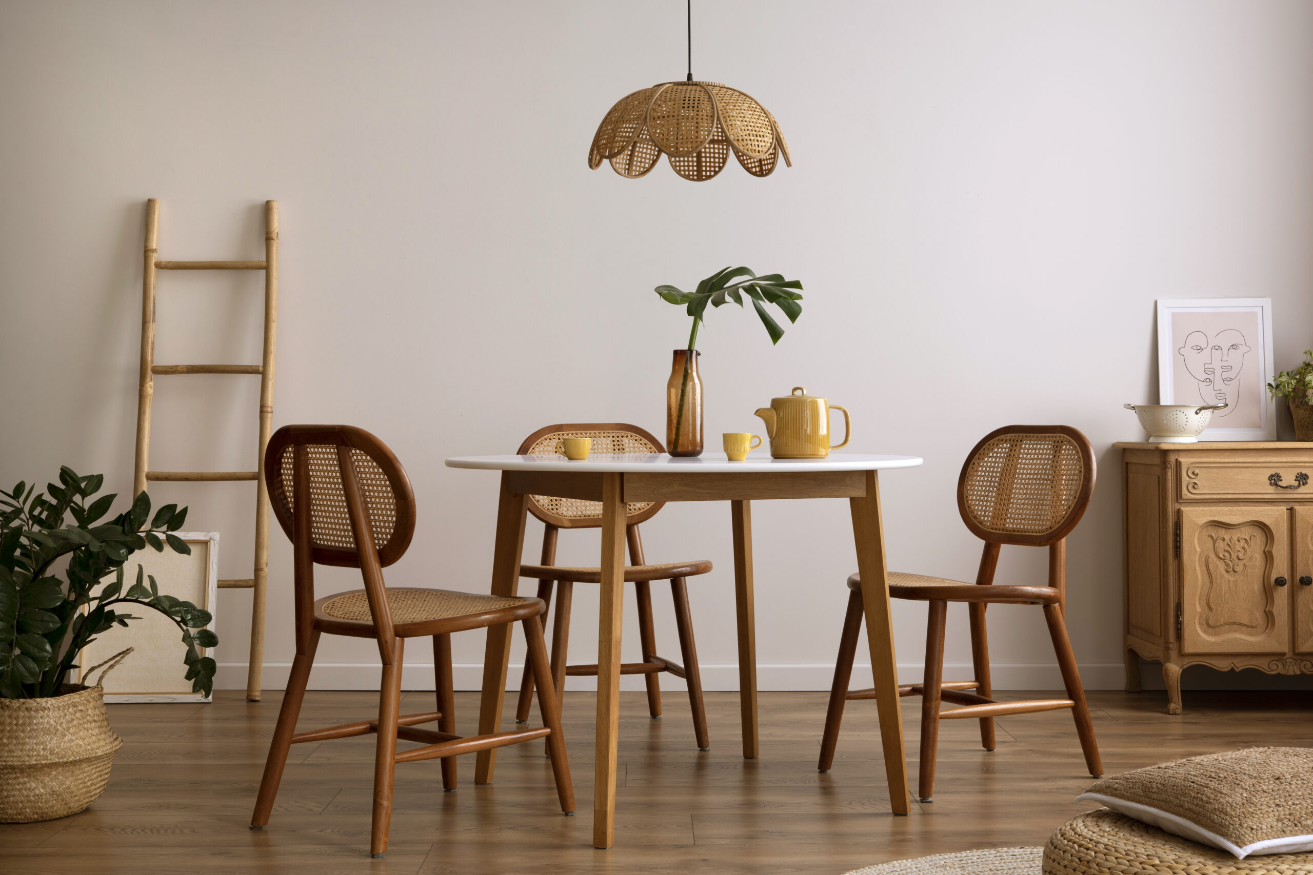 The stylish dining room with round table, rattan chair, wooden commode, pock up poster and kitchen accessories. Beige wall with mock up poster. Home decor. Template.